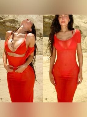 Khy by Kylie Jenner Red Mesh Bodycon Dress
